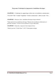 Premiere page de Programme Technologie des équipements et installations électriques